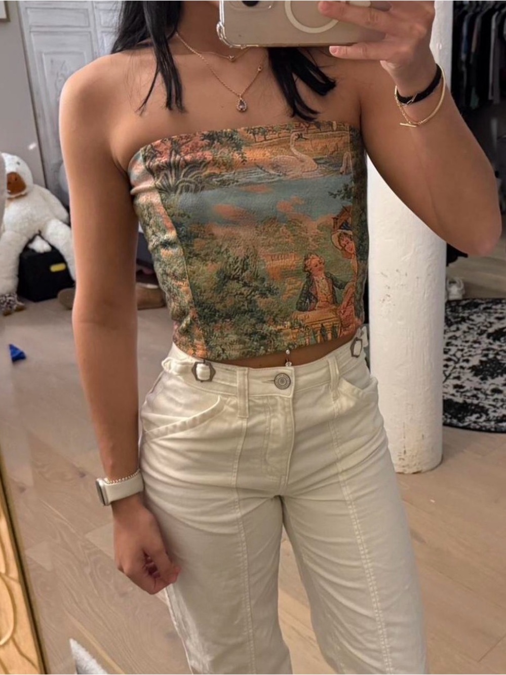 Strapless Tapestry Print Tube Top - Green/Brown